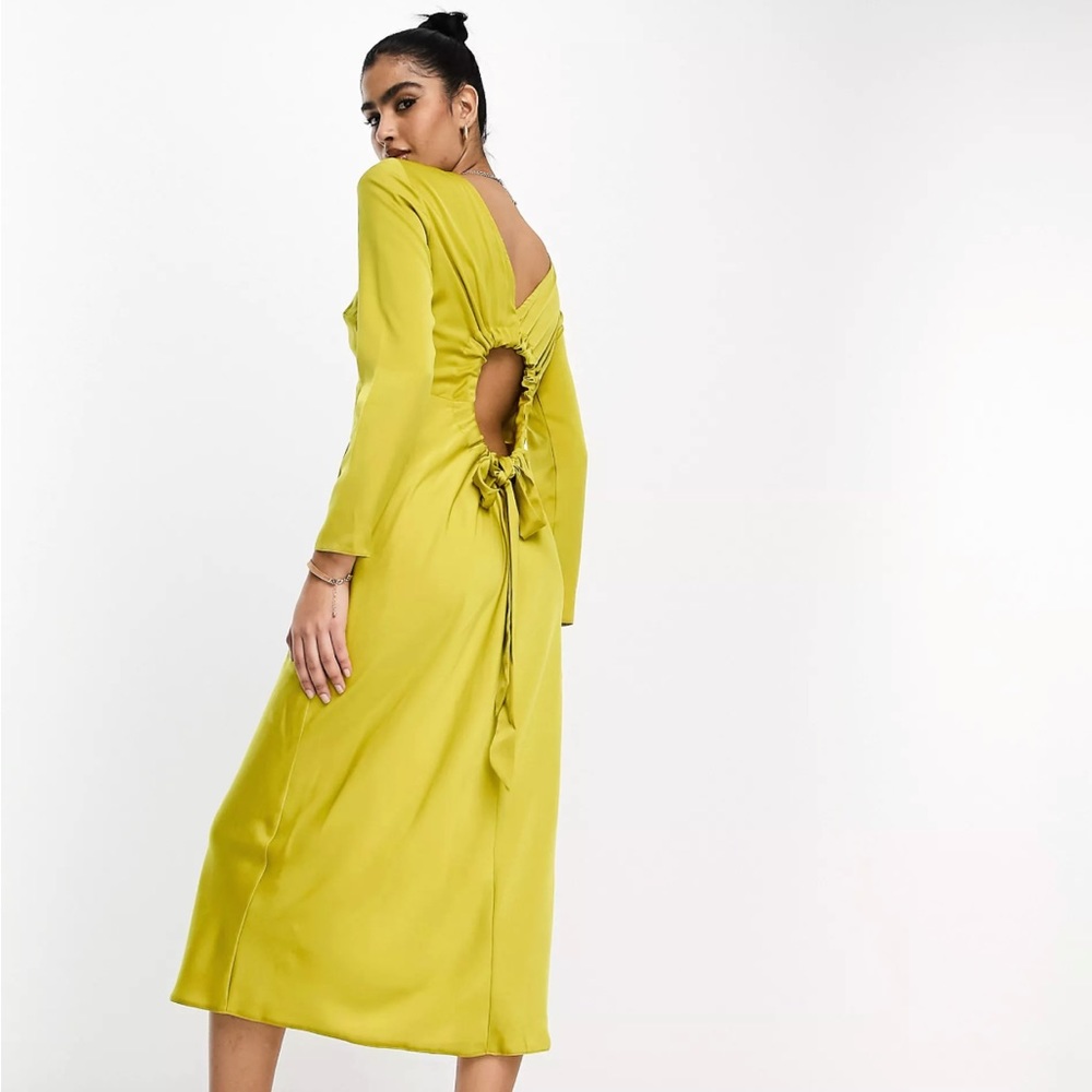 ASOS DESIGN satin long sleeve maxi dress with drawstring back in olive